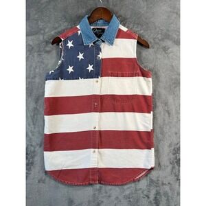 Quizz Again Sleeveless Shirt American Flag Print Womens Medium Button Down Tank